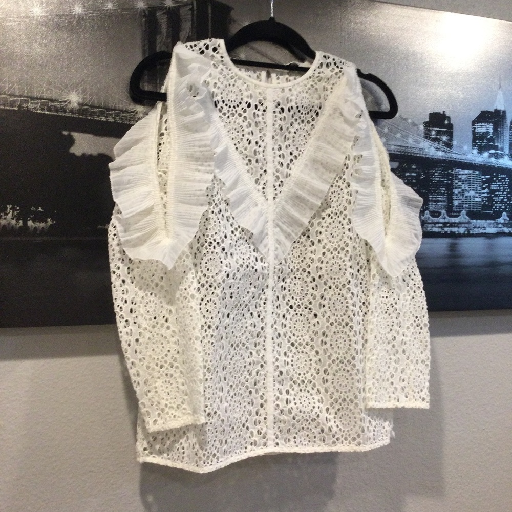 New! Sandro Bonnie Cold Shoulder White Lace Top Women’s SIZE 1 - Picture 10 of 11